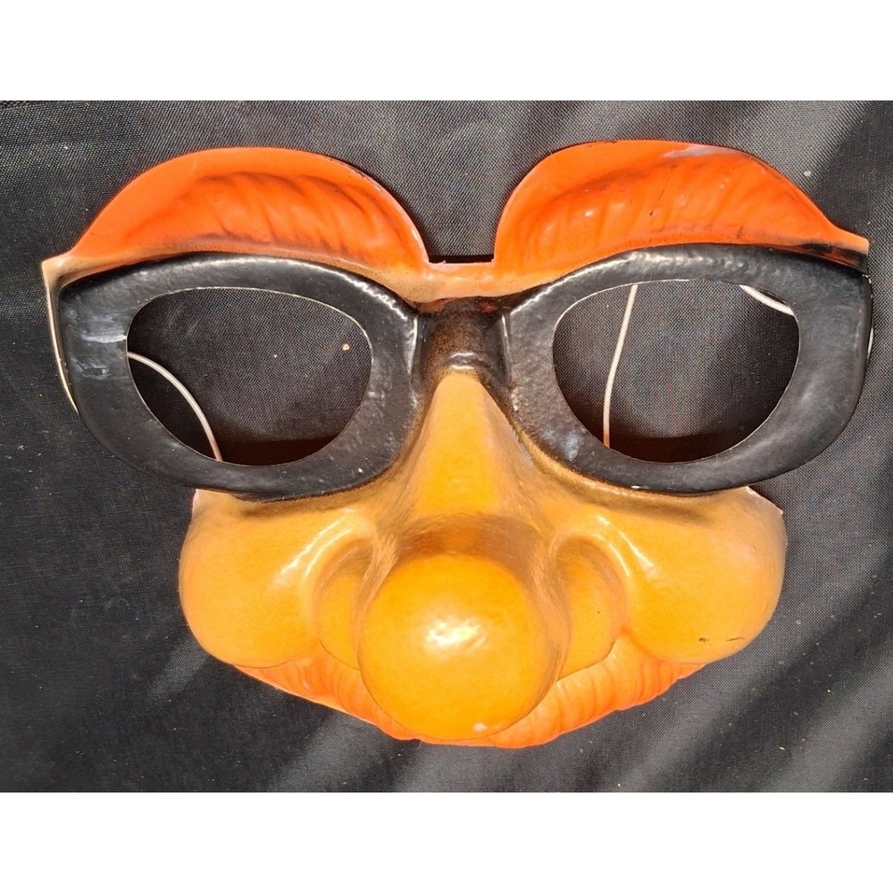 Vintage Novelty Disguise Mask Orange Bushy Eyebrows Mustache Black Glasses